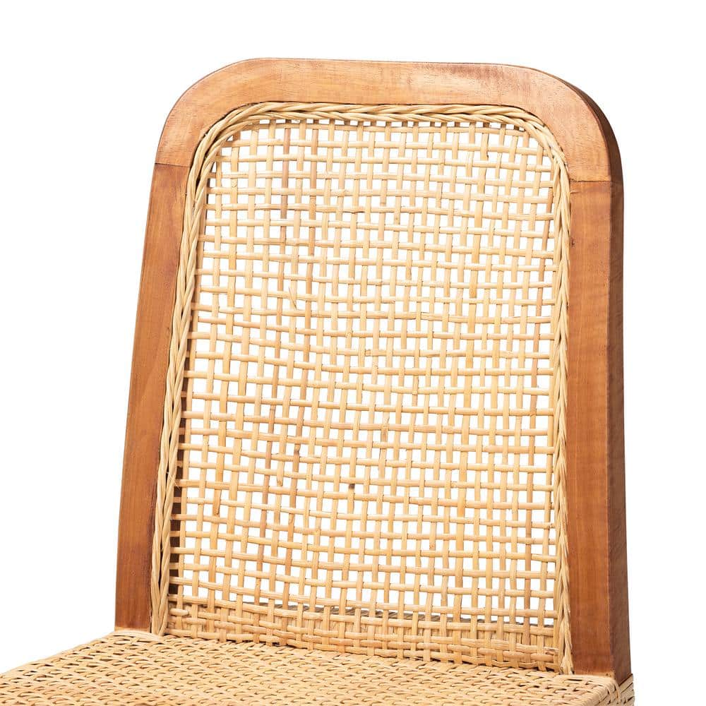 Caspia Mid-Century Walnut Brown Wood & Natural Rattan Counter Stool