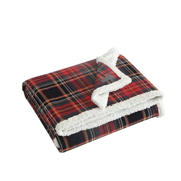 Eddie Bauer Mountain Tartan 1-Piece Red Sherpa Cotton 50 in. x 60 in. Throw Blanket