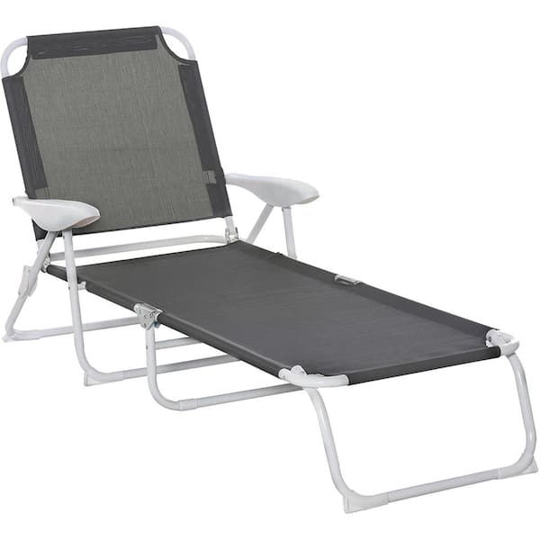Otryad 1-Piece Metal Outdoor Chaise Lounge Folding Outdoor Sun Tanning Chair with 4-Position Reclining Back, Armrests Dark Gray