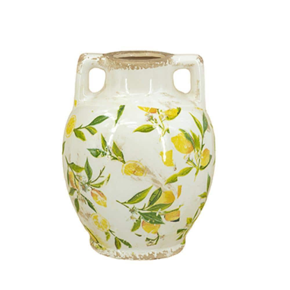 9 in. White Ceramic Pitcher Decorative Vase 1 PC with Yellow Lemon