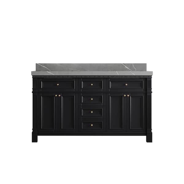 Willow Collections Paris 60 in. W x 22 in. D x 36 in. H Double Sink Bath Vanity in Black with 2 in. Piatra Gray qt. Top