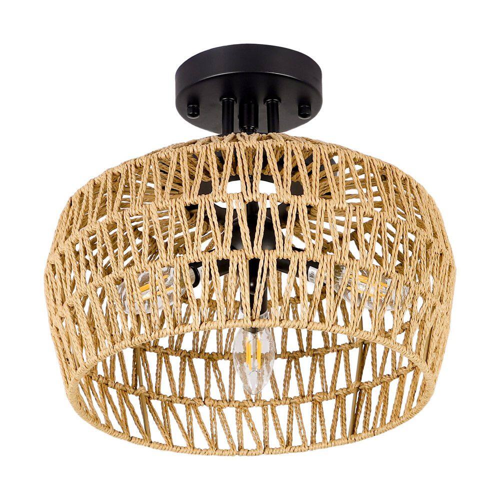 12.6 in. 3-Light Brown Boho Rattan Semi Flush Mount Ceiling Light Fixture with Rattan Shade price history on PriceWatchPro