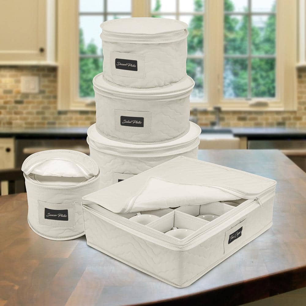 Sorbus White Quilted 5-Piece Dinnerware Storage Set with Felt Protectors