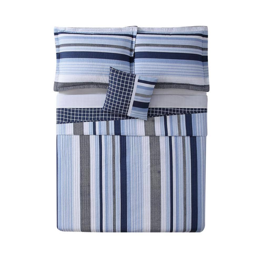 Nautical Blue and White Striped Twin Quilt Set with Decorative Pillow