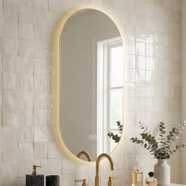 24 in. W x 48 in. H Small Oval Framed LED Touch Screen Anti-fog Wall Mount Bathroom Vanity Mirror in Clear