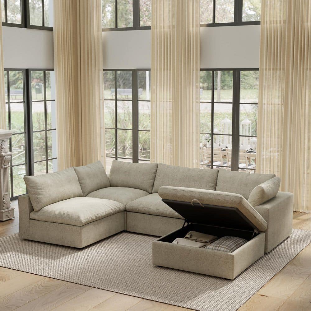 118 in. W Square Arm 5-Piece Linen Modular Free Combination Sectional Sofa with Storage Ottoman in Brown