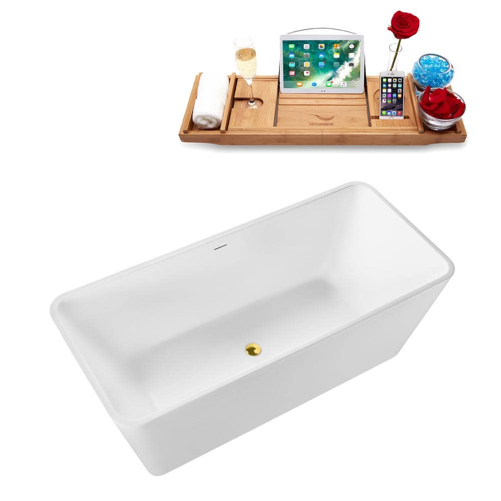 67" Glossy White Acrylic Freestanding Soaking Tub with Polished Gold Trim