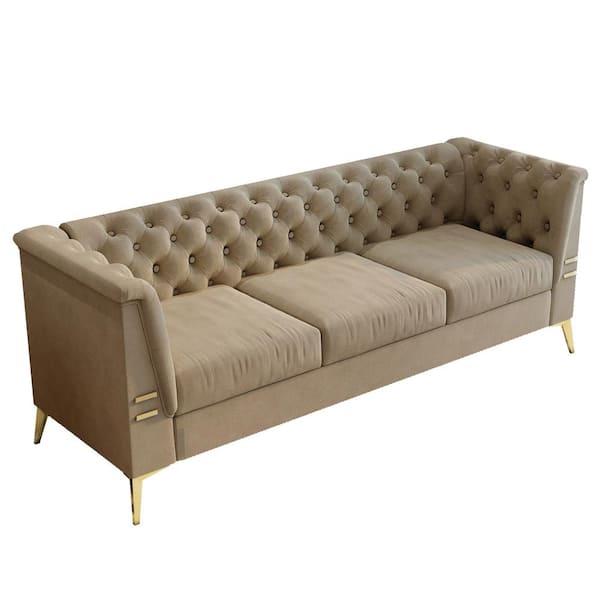 Unbranded 82.67 in. W Flared Arm Velvet Mid-Century Modern Straight Modern Sofa in Brown