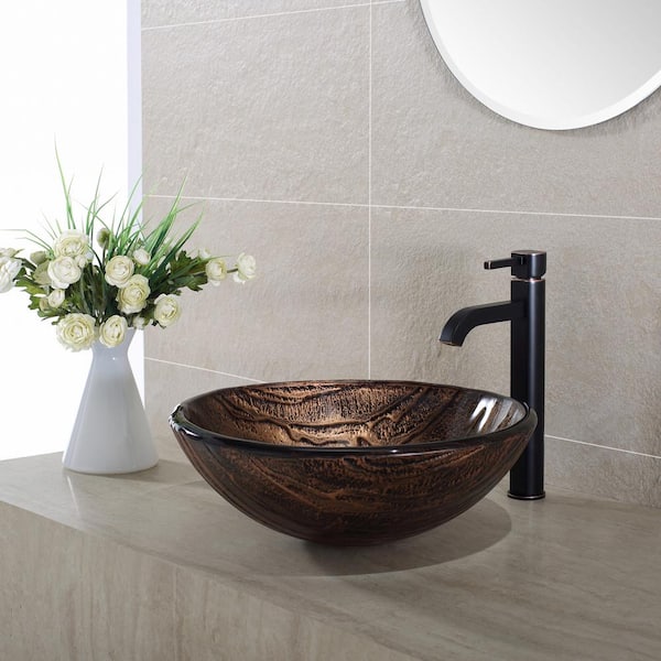 KRAUS Natura 17 in. Round Vessel Bathroom Sink in Brown Glass