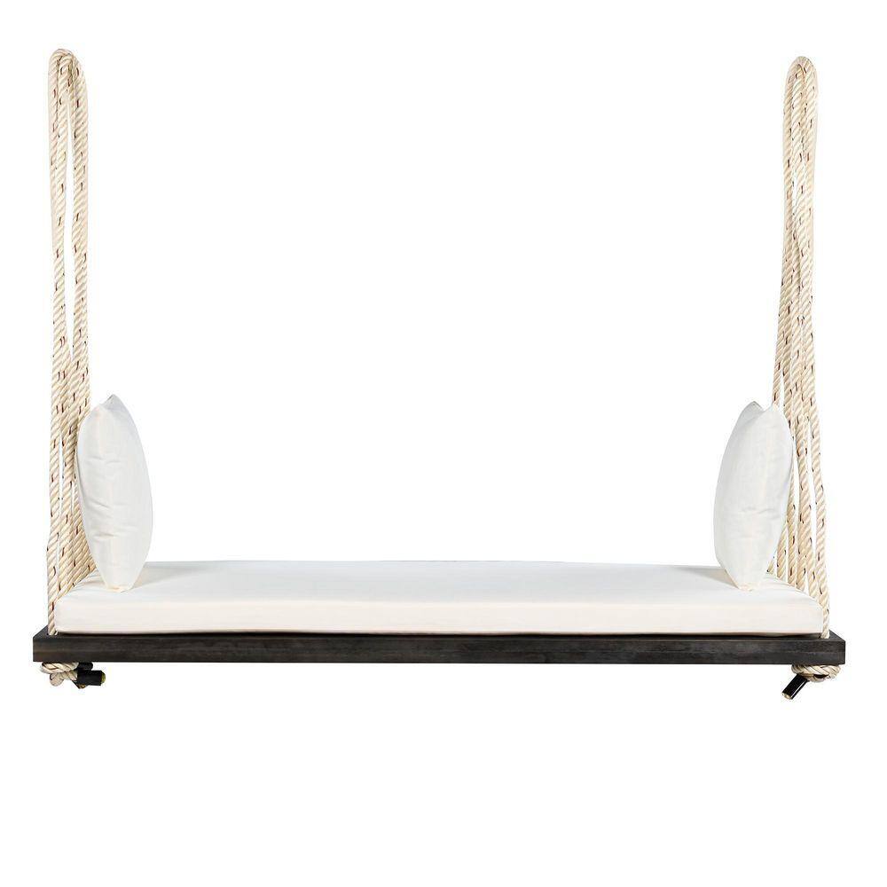 Zeus & Ruta 2-Person Wood Porch Swing Bench with Beige Cushions and 10. ...