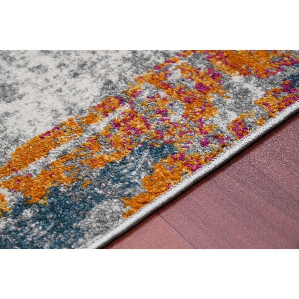 Blue and Orange Rectangular Stain-Resistant Synthetic Area Rug