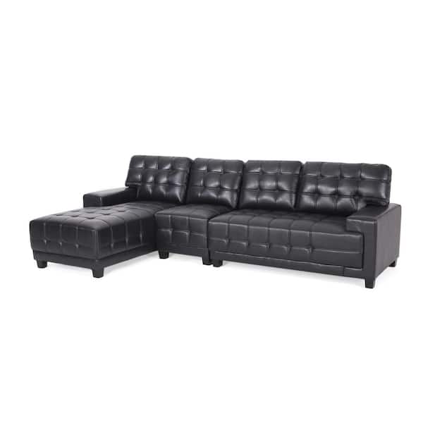 Noble House Berkamn 111 in. Square Arm 3-Piece Faux Leather L-Shaped Sectional and Chaise Lounge Set in Midnight Black
