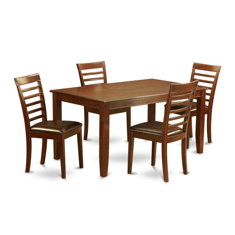 Elegant Mahogany 5-Piece Dining Set with Light Tan Linen Chairs