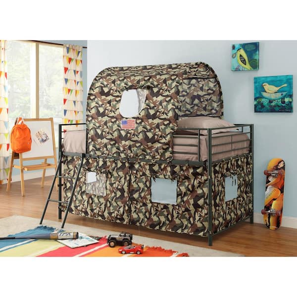 Coaster Camouflage Tent Army Green Loft Bed with Ladder