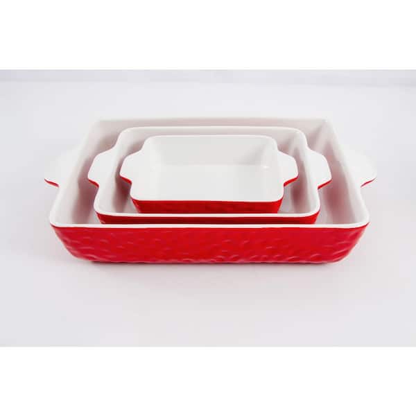 3pc Red Ceramic Casserole Dish Set with Handles - Nonstick, Microwave & Dishwasher Safe - 14x8, 10x6, 7x5