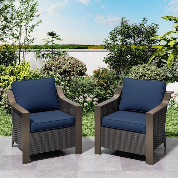 2-Piece Wicker Outdoor Lounge Chair with Gracefully Sloped Armrest and Blue Cushions
