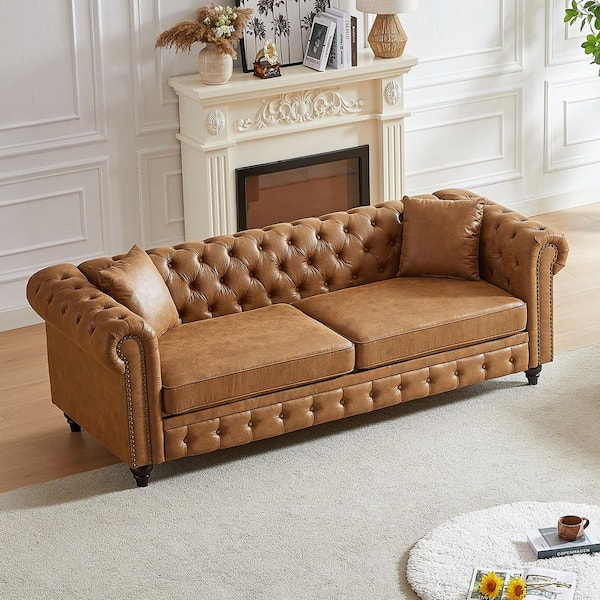 Beryl 85.5 in. Rolled Arm Faux Leather Upholstered Rectangle Tufted Chesterfield Sofa in Brown with Pillows, Nailhead