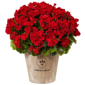 Artificial Indoor/Outdoor UV Resistant Red Geranium Silk Flowering Plant in Farmhouse Planter