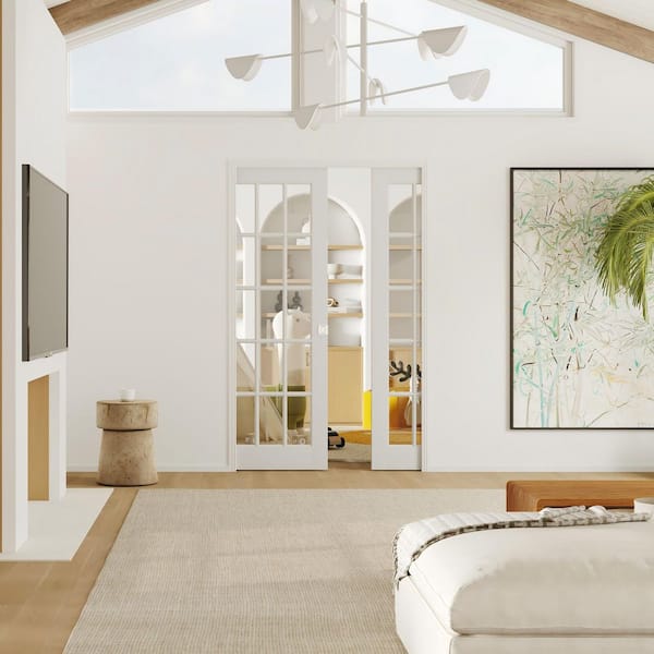 60 in. x 80 in. 15 Lite Clear Glass White Primed Pine Wood Pocket Door with Soft Close & Frame Kit Set, No Pre-Drilling