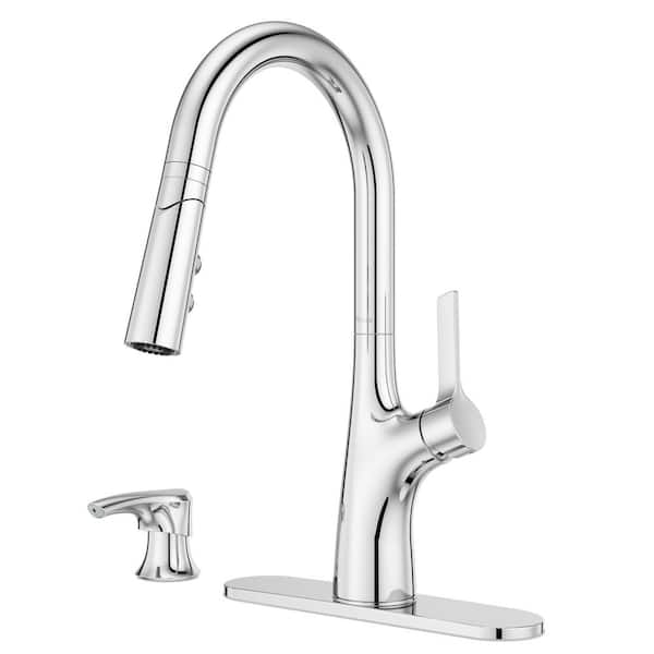 Ceylon Single Handle Pull Down Sprayer Kitchen Faucet with Deck Plate and Soap Dispenser in Polished Chrome