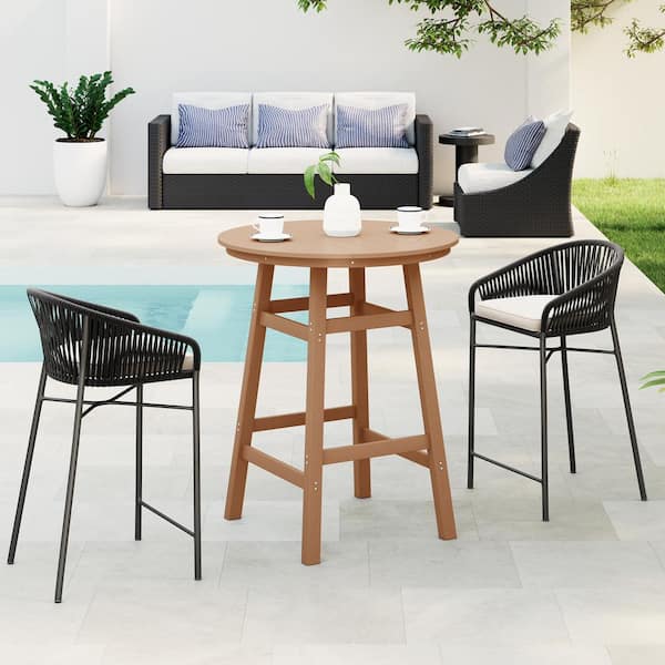 Laguna 35 in. Round HDPE Plastic All Weather Bar Height High Top Bistro Outdoor Bar Table in Teak