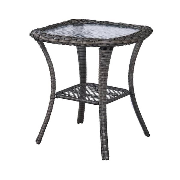 ArcoBay Gray Square Wicker Outdoor Side Table with Tempered Glass Top and Lower Wicker Storage Shelf
