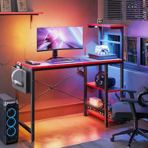 44 in. Computer Desk with LED Lights Gaming Desk, 4 Tier Shelves Black Carbon Fiber
