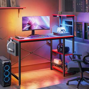 44 in. Rectangular Black Carbon Fiber Gaming Desk with RGB LED Lights Computer Desk with 4 Tier Storage Shelves and Hook