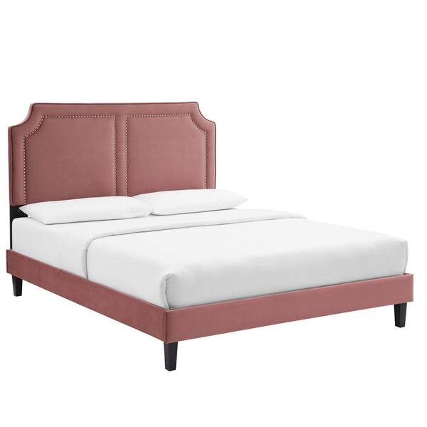 MODWAY Novi Red Performance Velvet Frame Queen Platform Bed with Artfully Notched Corners