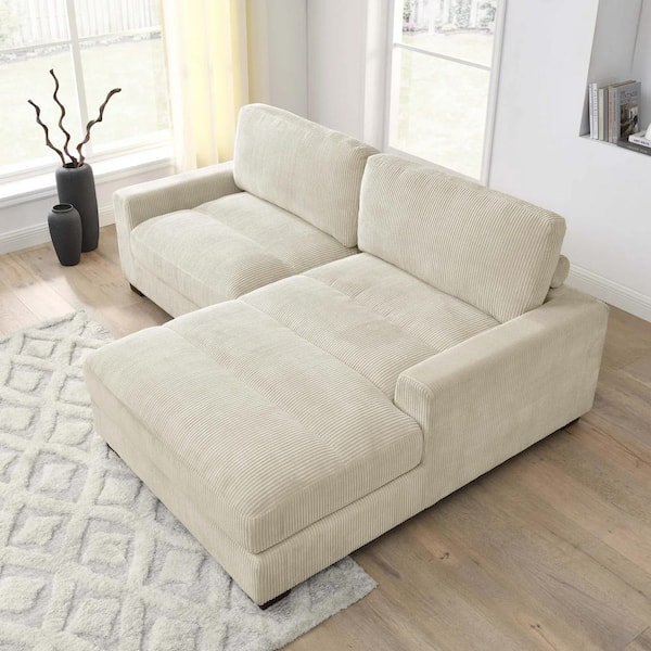 Monland 90 in. Wide Square Arm Polyester Corduroy L-Shaped Sofa Oversized Deep-Seated 2-Pieces Sectional Couches in. Beige