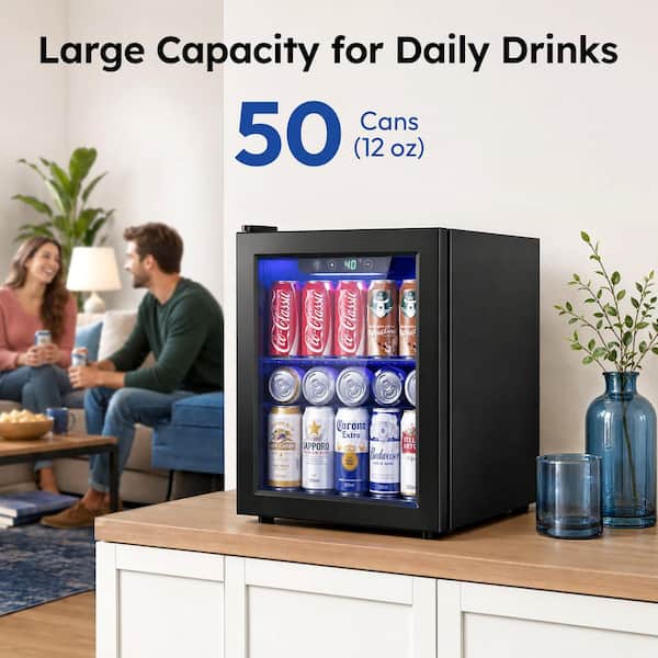 17 in. Single Zone 50-Cans Freestanding/Countertop Beverage Refrigerator Cooler Fridge in Black, Reversible Door