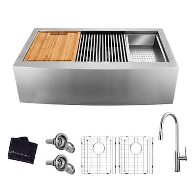 All-in-One Apron-Front Farmhouse Stainless Steel 33 in. 50/50 Double Bowl Workstation Sink with Faucet and Accessories