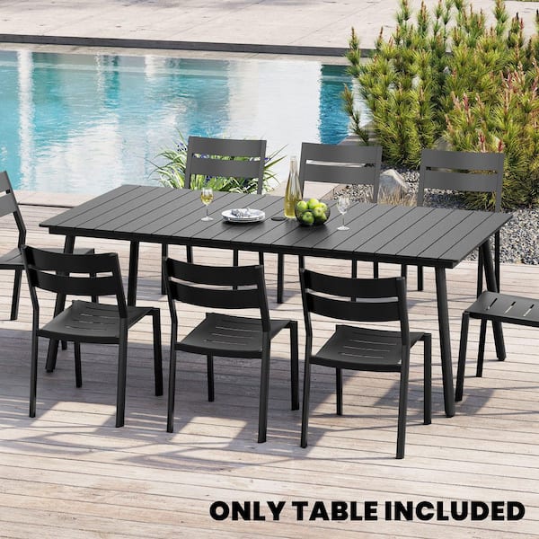 82.48 in.Black Aluminum Outdoor Dining Table with Wood-Like Tabletop Rectangular Dining Table with 1.61 in.Umbrella Hole