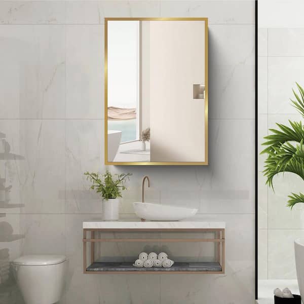 16 in. W x 28 in. H Rectangular Bathroom Medicine Cabinet with Mirror Gold Metal Framed Wall Mount or Recessed
