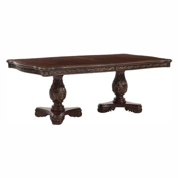 Benjara Ellie Brown and Gold Wood Rectangle 114 in. Double Pedestal Base Dining Table Seats 8