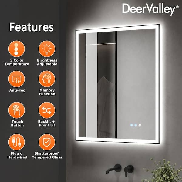 30 in. W x 36 in. H Rectangular Framed LED Anti-Fog Wall Mount Bathroom Vanity Mirror in Black, Front Light and Backlit