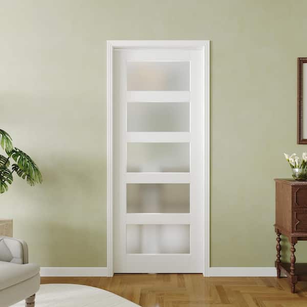TENONER 30 in. x 80 in. Interior Sliding Door, 5 Lites Frosted Glass Solid Wood MDF White Door Panels, Single Slab Finished.