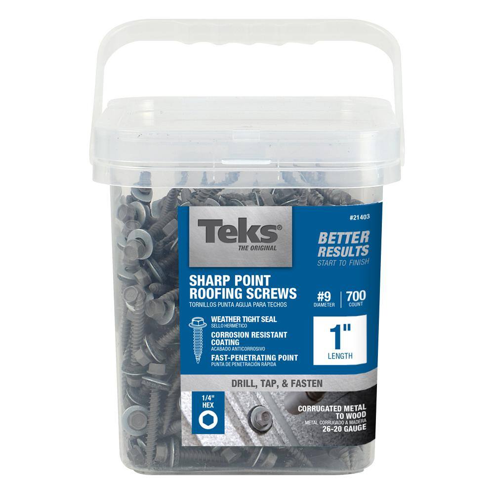 Teks #9 x 1 in. External Hex Head Washer Sharp Point Corrosion Resistant Sheet Metal Roofing Screws (700-Pack) -  21403