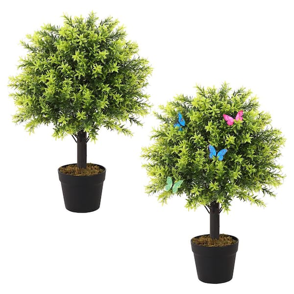 poetree 24 in. T Green Artificial Boxwood Ball Topiary Tree Set of 2 Bushes Potted Plants for Porch Outdoor or Indoor
