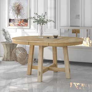 58 in. x 42 in. x 30 in. Round Extendable Dining Table in Natural Wood Wash with 16 in. Leaf Wood for Farmhouse