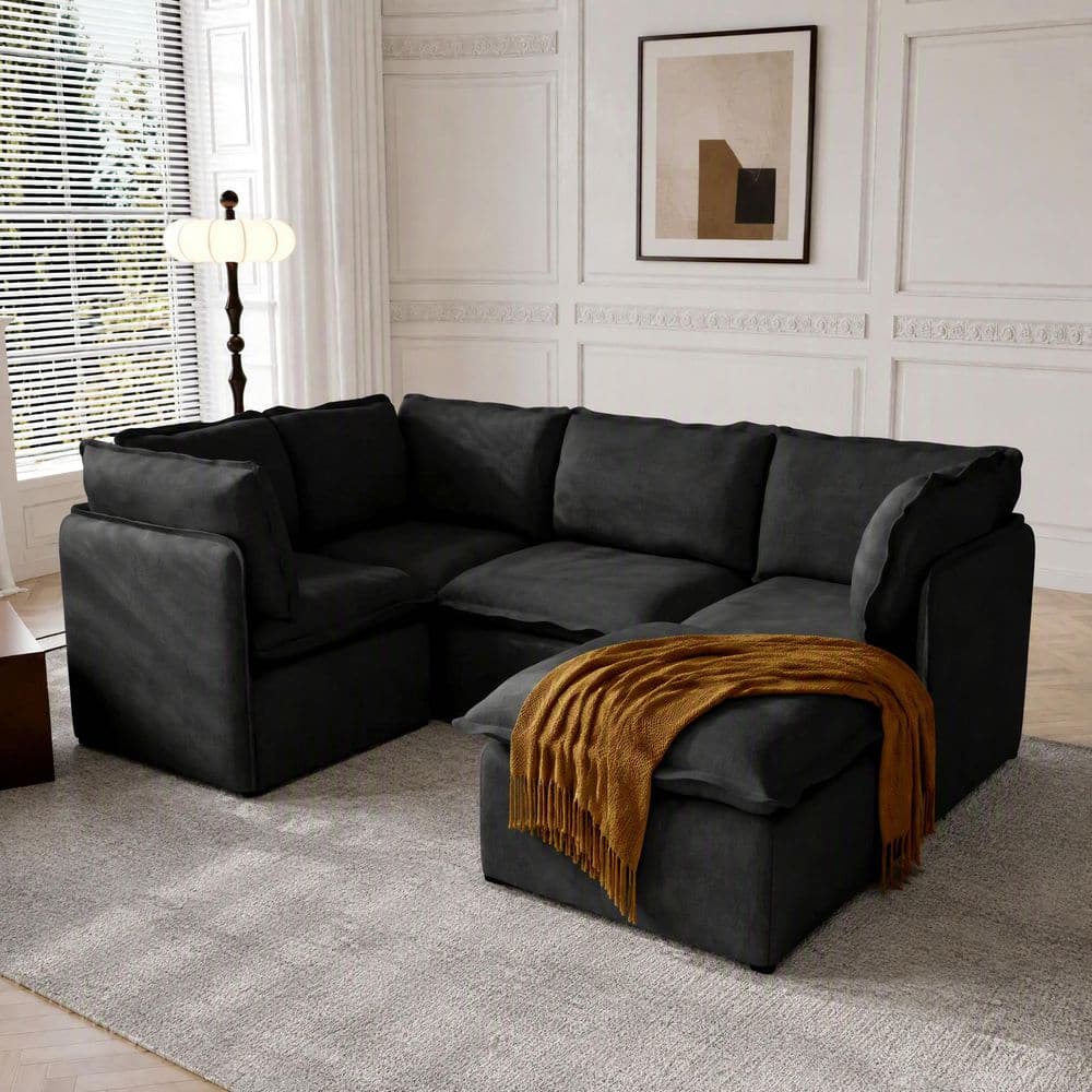 Modern Steel 96 in. 5-Piece Polyester Modular Sectional Sofa with Washable Cover, Ottoman, Portable for Rentals in Black