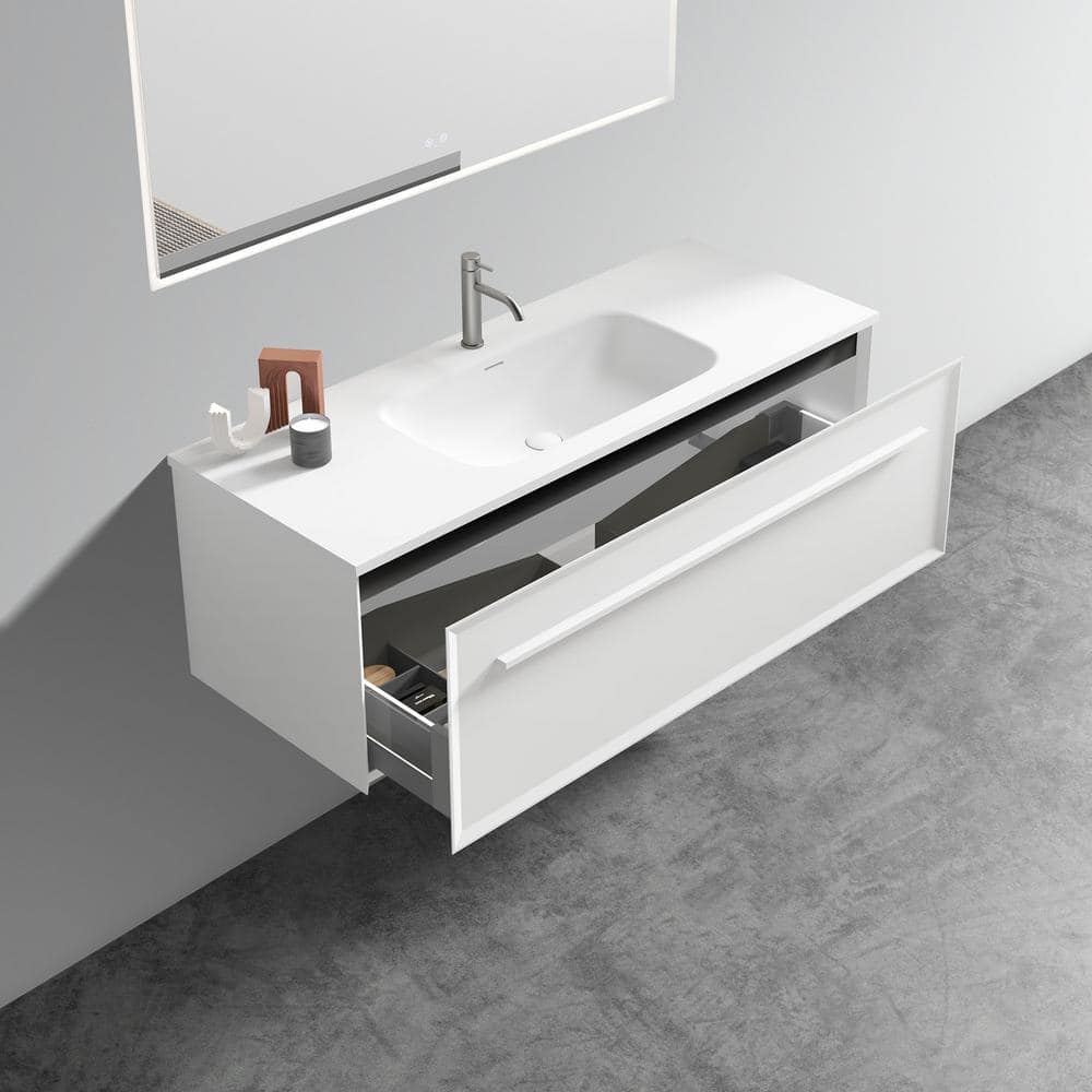 48 in. White Plywood Wall-Mounted Single Sink Vanity with Solid Surface Top