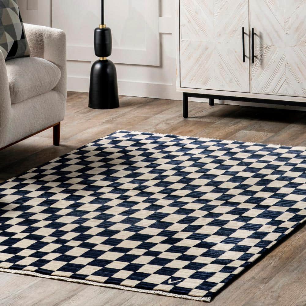 Navy and Beige Geometric Synthetic 8' x 10' Area Rug