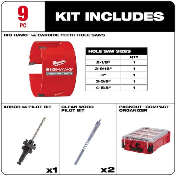 BIG HAWG Carbide Hole Saw Kit (9-Piece) with PACKOUT Case