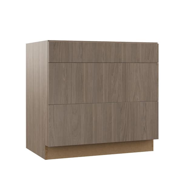 Hampton Bay Designer Series Edgeley Assembled 36x34.5x23.75 in. Pots and Pans Drawer Base Kitchen Cabinet in Driftwood
