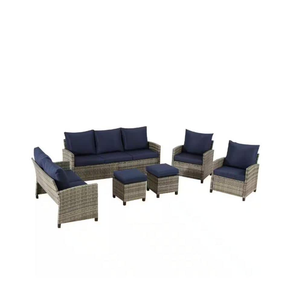 6-Piece Brown PE Rattan Wicker Patio Outdoor Conversation Set with Navy Blu
