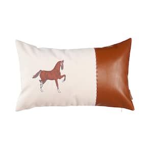 Boho Embroidered Horse Throw Pillow 12 in. x 20 in. Vegan Faux Leather Beige & Brown Solid Lumbar for Couch, Bedding