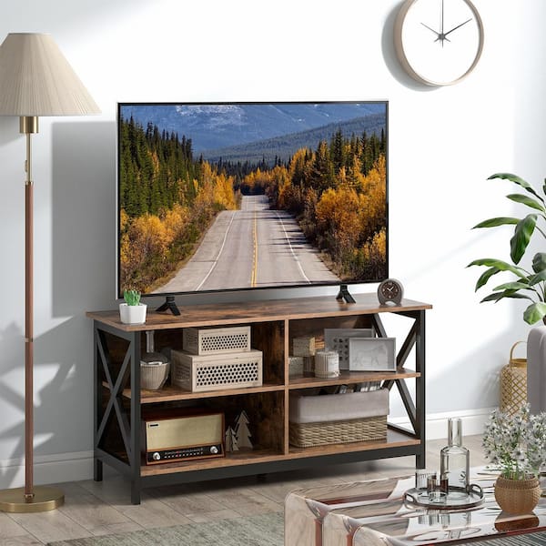 FORCLOVER Rustic Brown Wood TV Stand Entertainment Fits TVs up to 55 in. with X-Shaped Frame