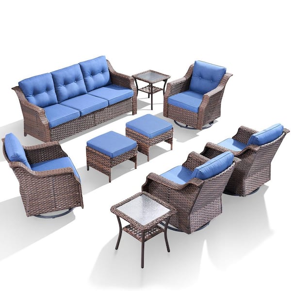 9-Piece Wicker Patio Conversation Set with Blue Cushions, Family Outdoor Chair Set