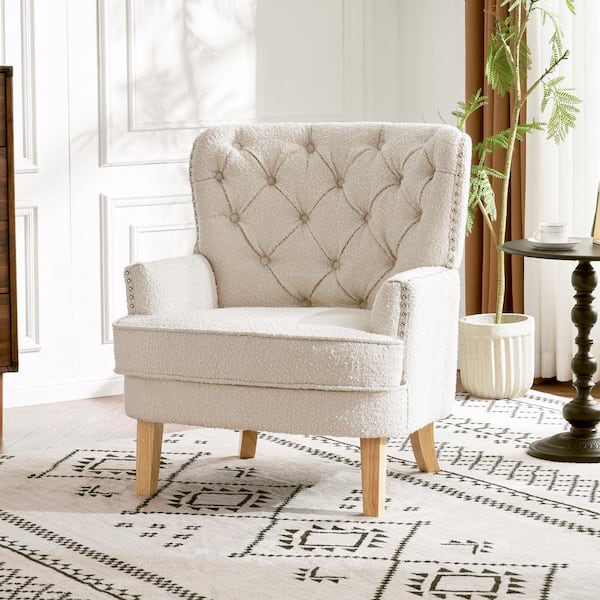 Noble House Lida Boucle Fabric Rubberwood Almond Modern Arm Chair